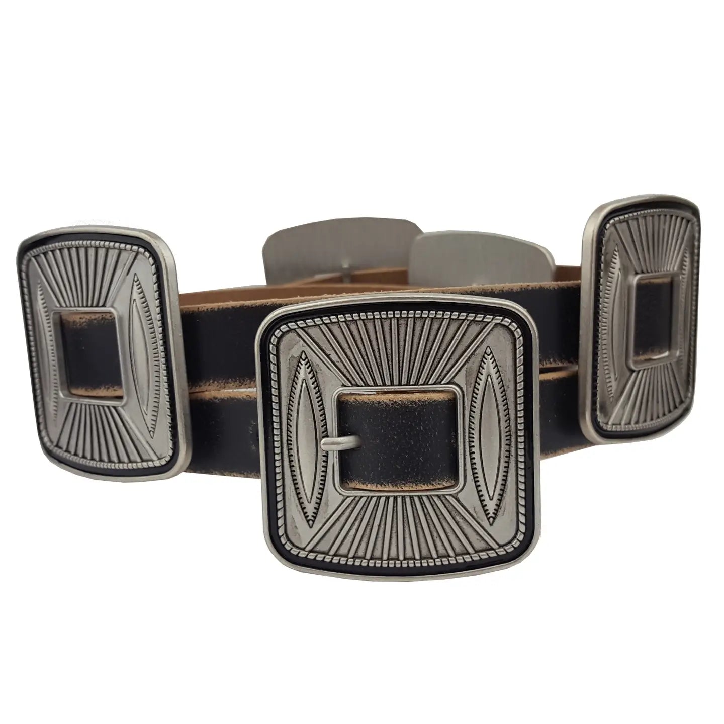 BLACK VINTAGE LEATHER BELT WITH MATCHING BUCKLE/CONCHO