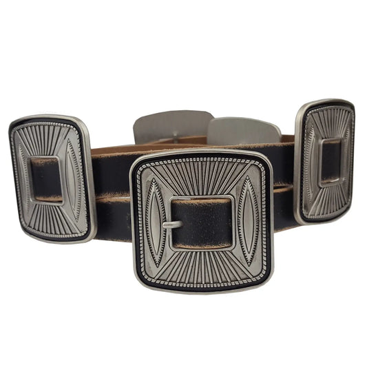 BLACK VINTAGE LEATHER BELT WITH MATCHING BUCKLE/CONCHO