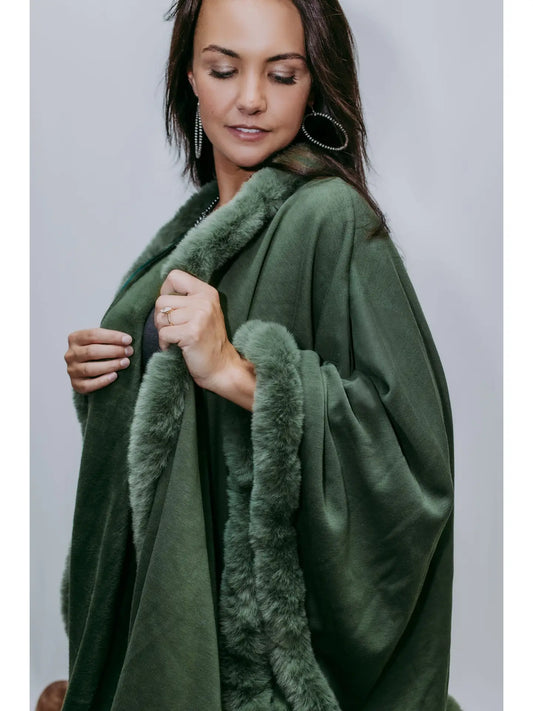 OLIVE FUR TRIMMED PONCHO