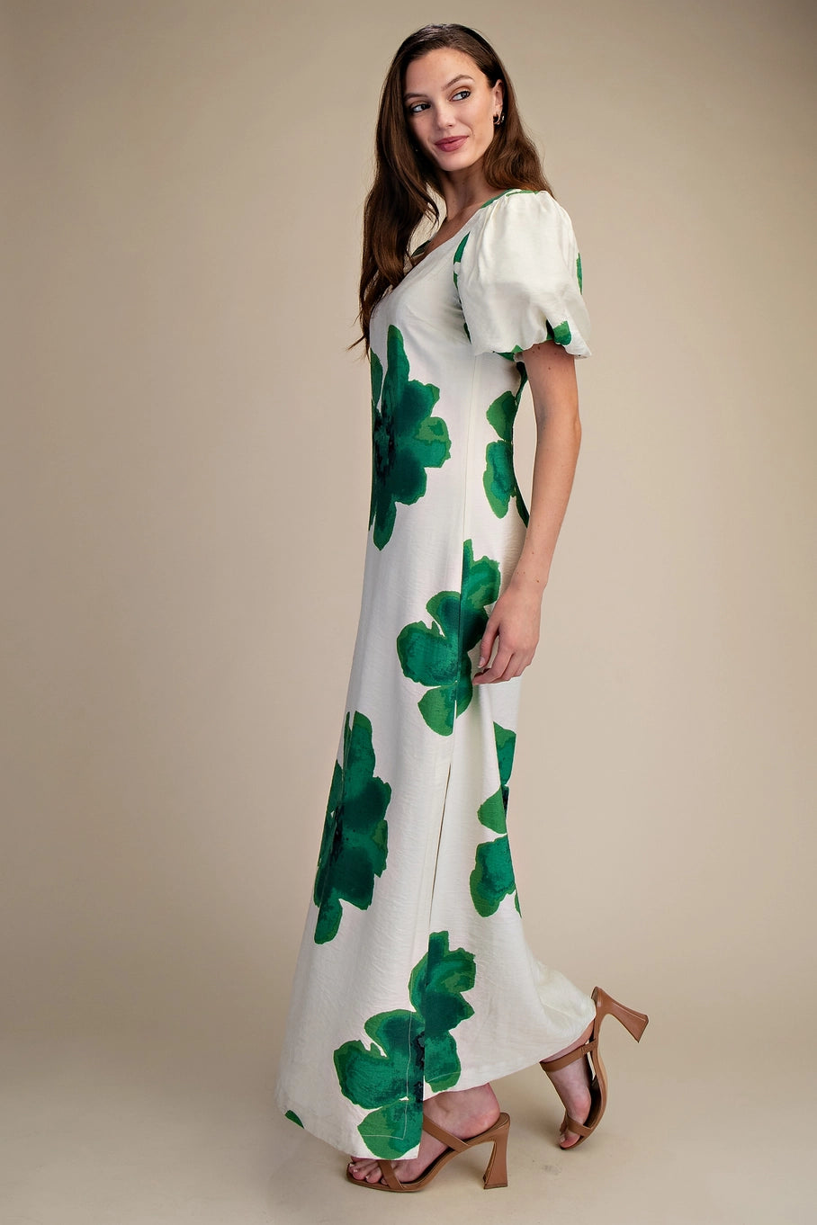 FLORAL PUFF SLEEVE MAXI DRESS - 2 COLORS