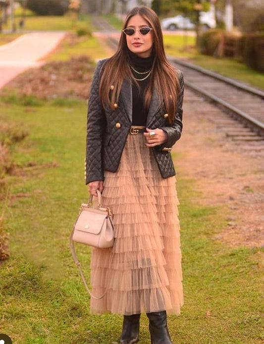 LAYERED RUFFLED SKIRT IN KHAKI