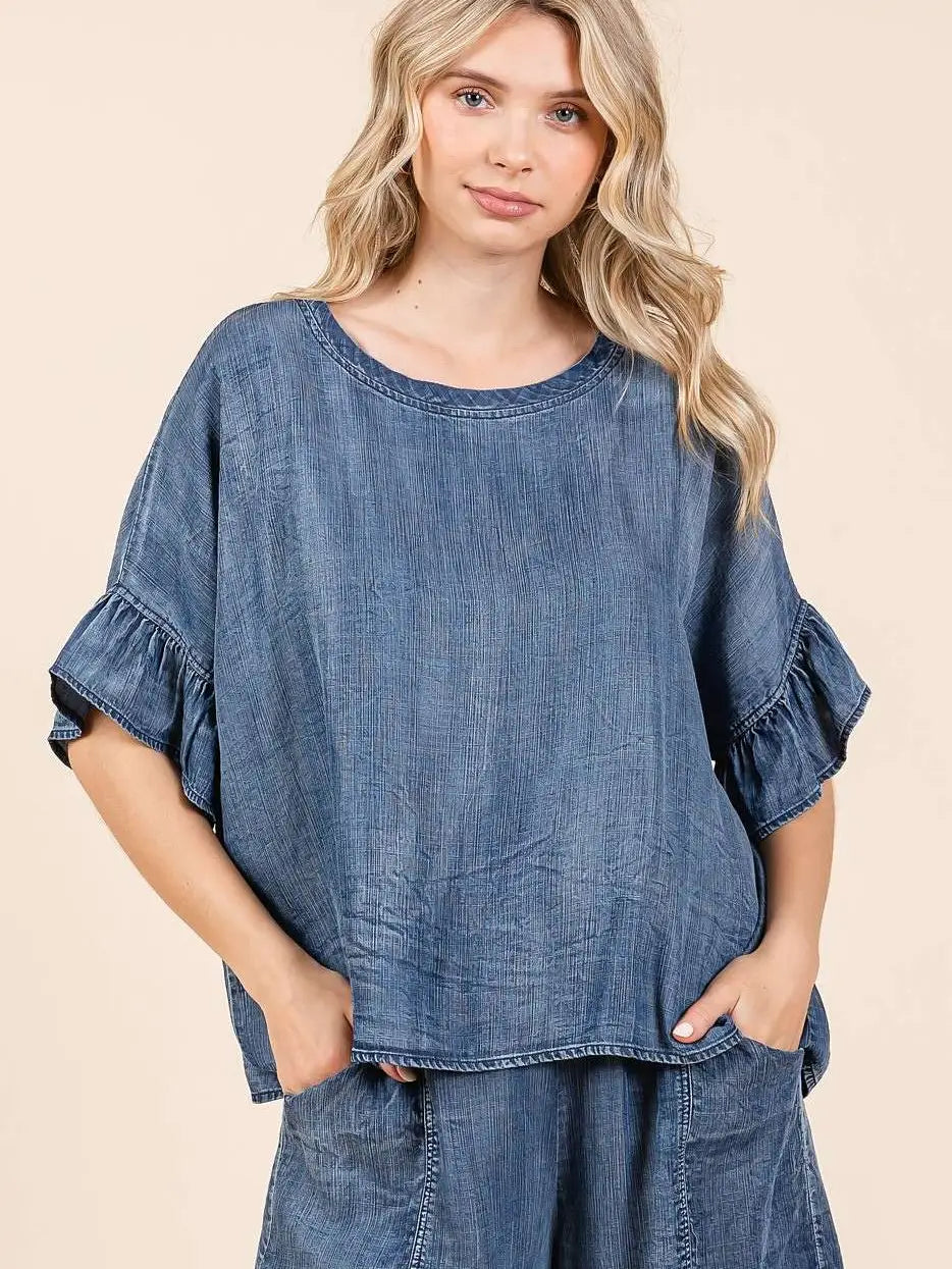 WASHED CHAMBRAY RUFFLE TOP