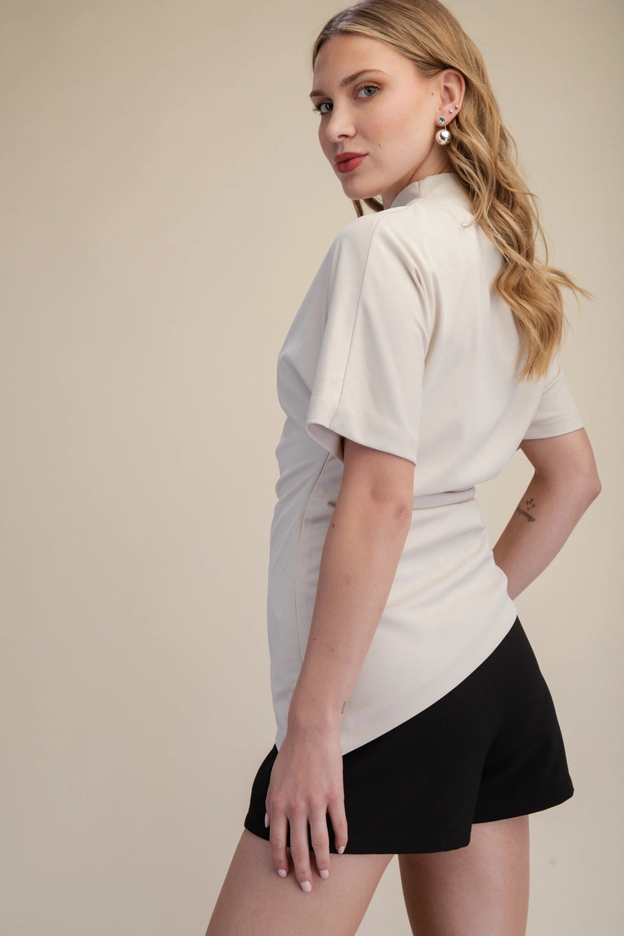 ASYMMETRIC DRAPED NECK BLOUSE