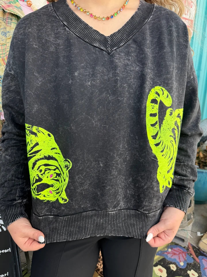 MINERAL WASH SWEATSHIRT WITH 2 TIGER PRINT BY I LOVE LINEN