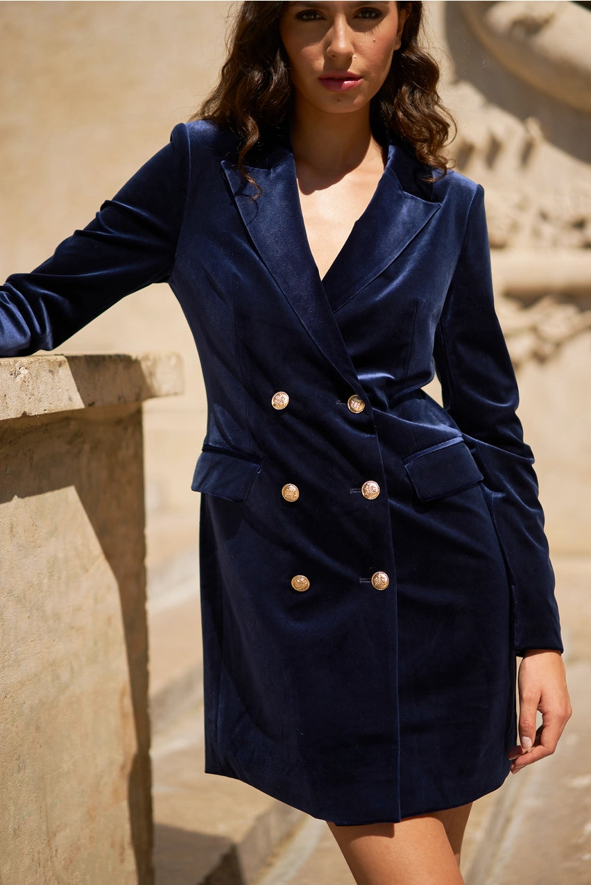 NAVY VELVET DOUBLE BREASTED DRESS