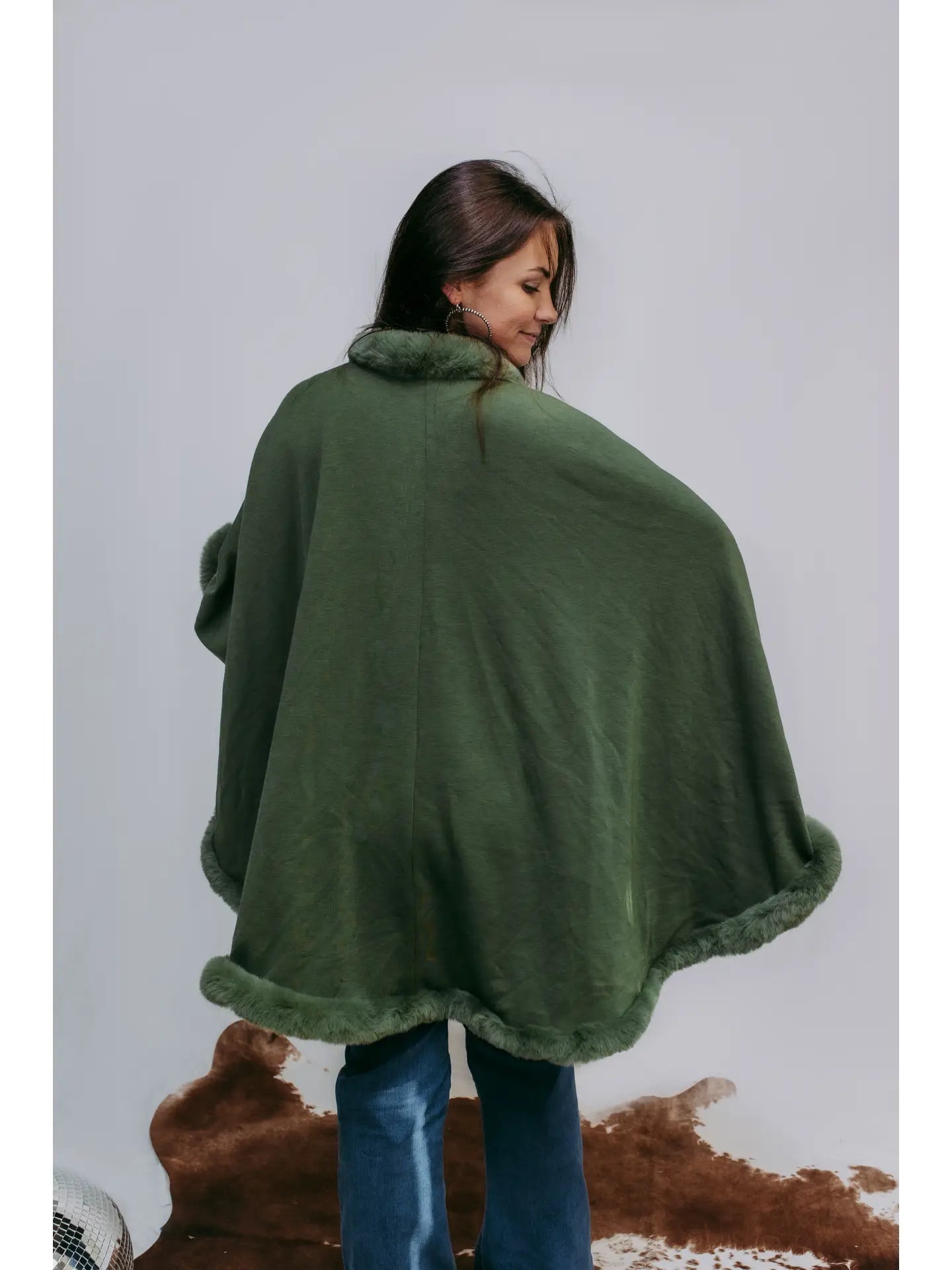 OLIVE FUR TRIMMED PONCHO