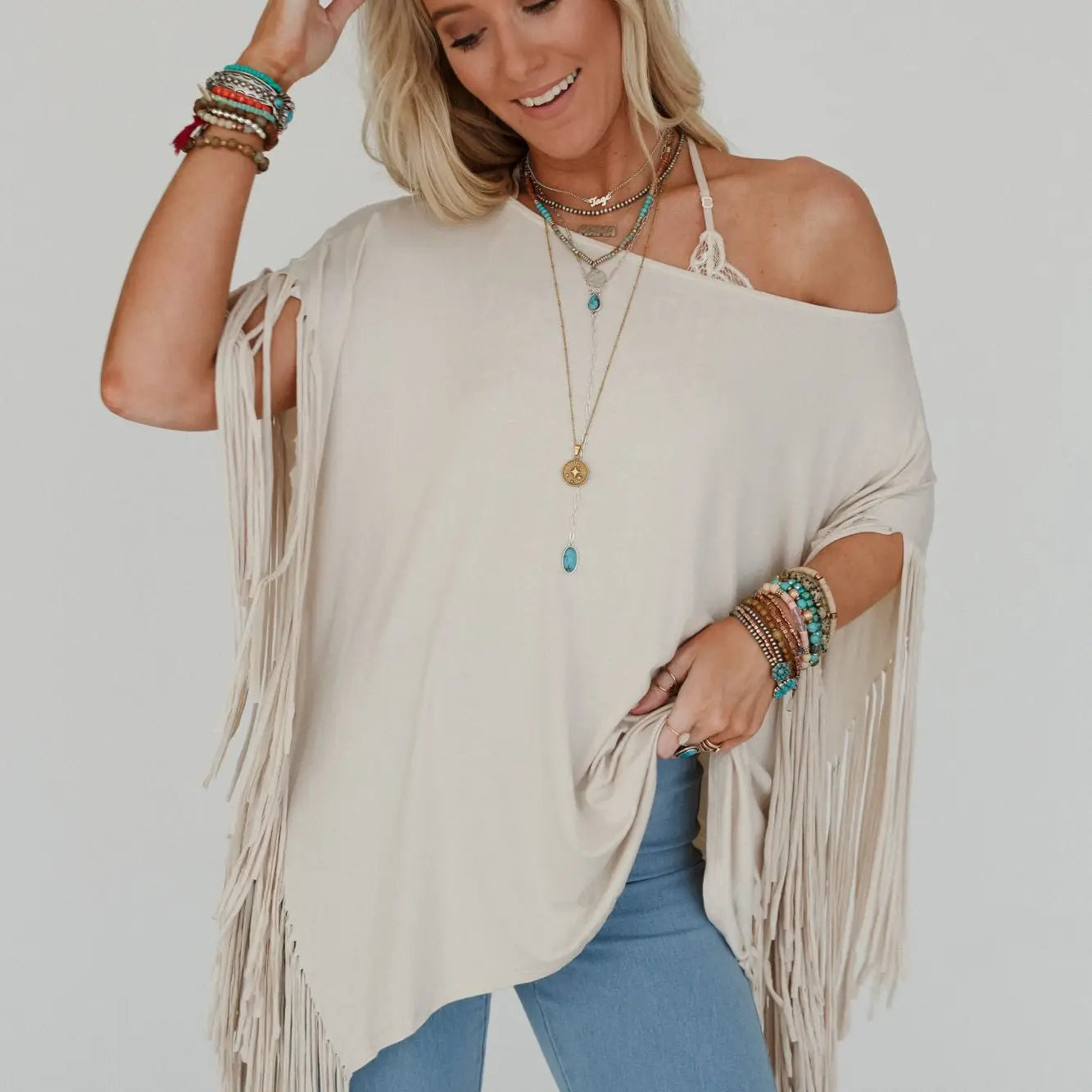 SHOWSTOPPER FRINGE TOP IN OAT BY THREE BIRD NEST