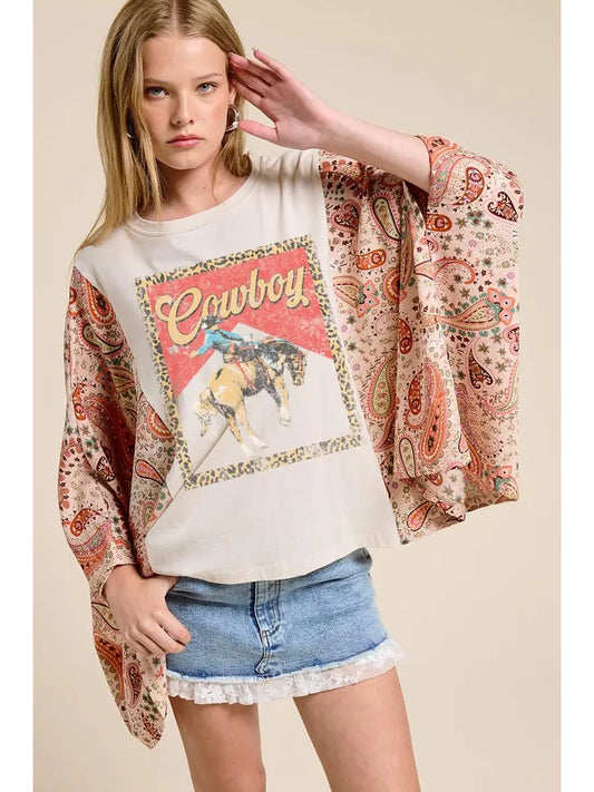 WESTERN GRAPHIC TEE WITH SHEER SLEEVES