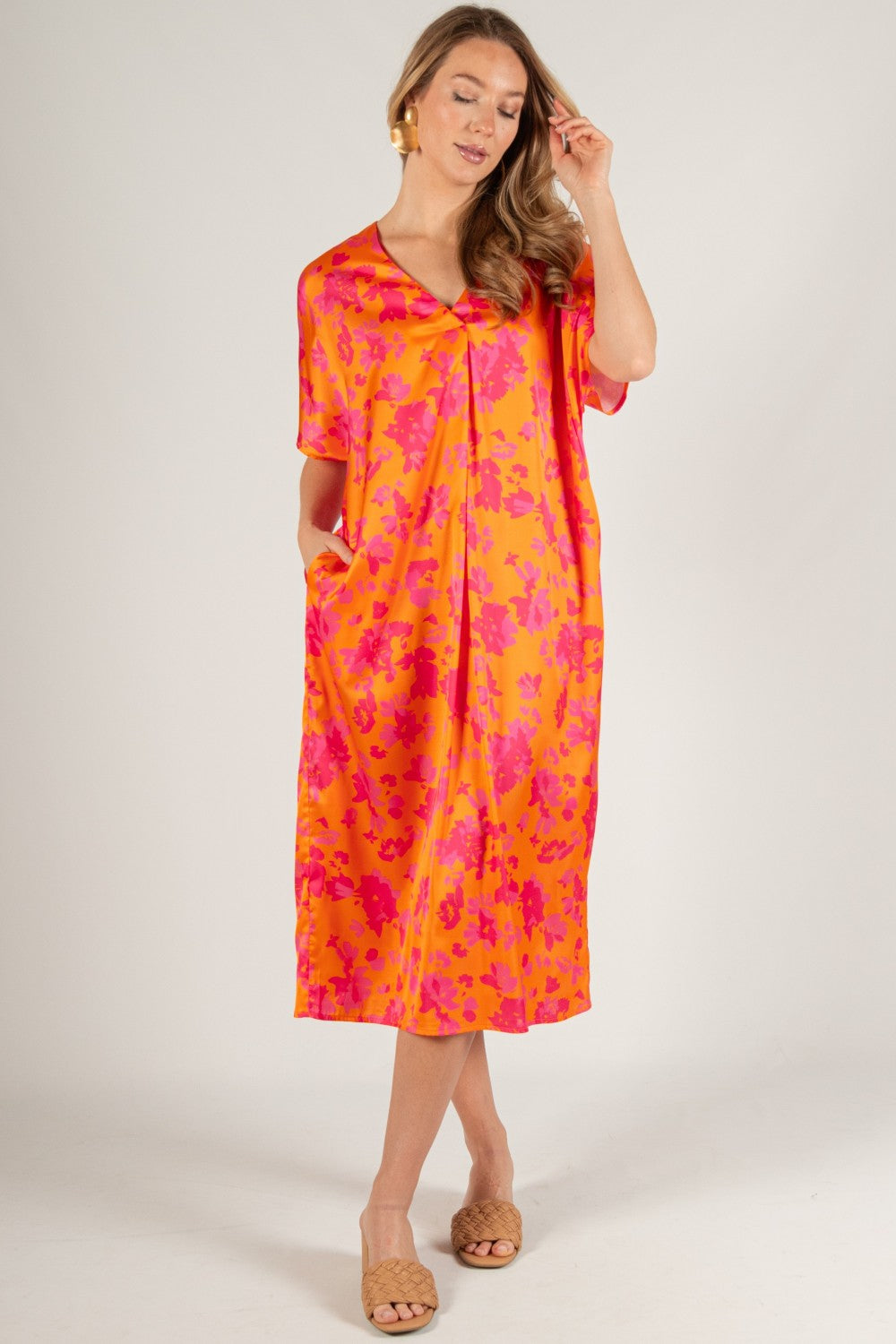 PINK AND ORANGE SATIN MIDI DRESS