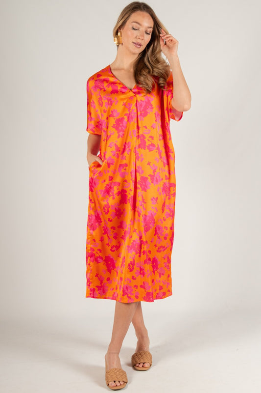 PINK AND ORANGE SATIN MIDI DRESS