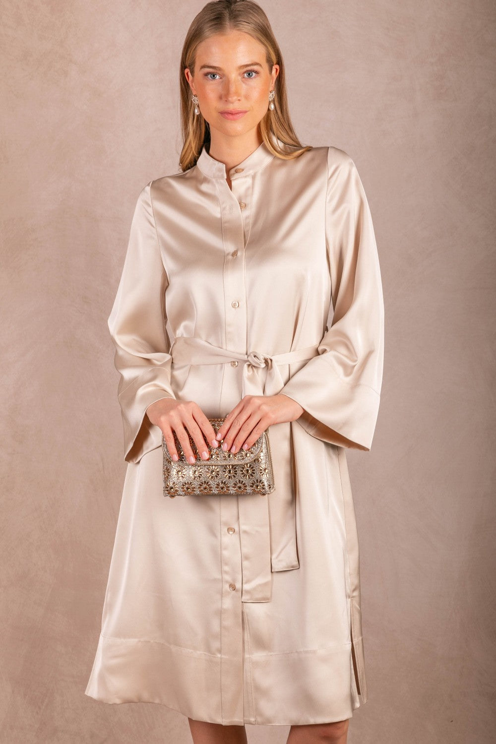 SATIN KIMONO SLEEVE SHIRT DRESS
