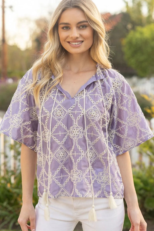 LAVENDER EYELET TASSEL TOP