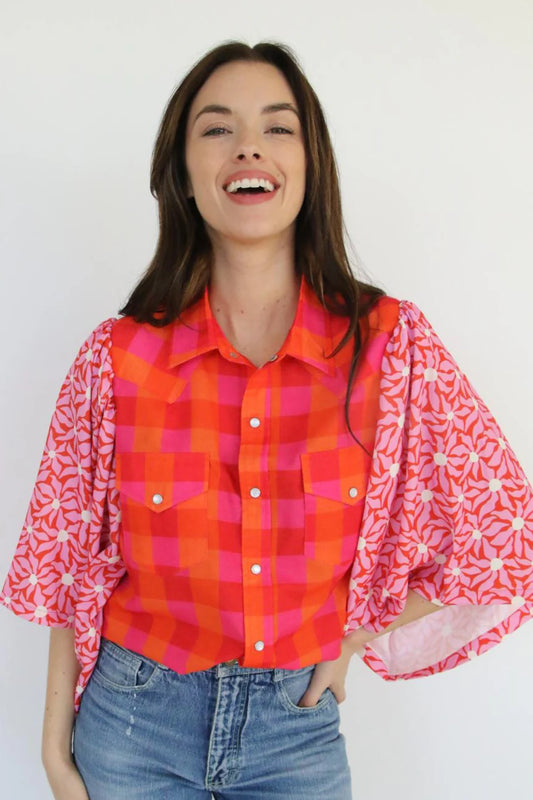 MIXED GINGHAM PEARL SNAP TOP