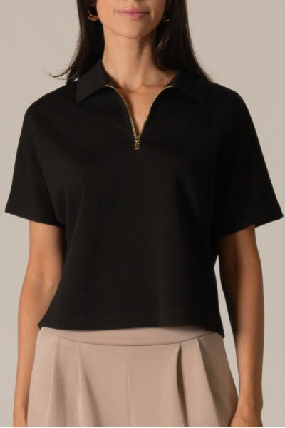 P CILL BUTTER MODAL SHORT SLEEVE HALF ZIP TOP IN BLACK