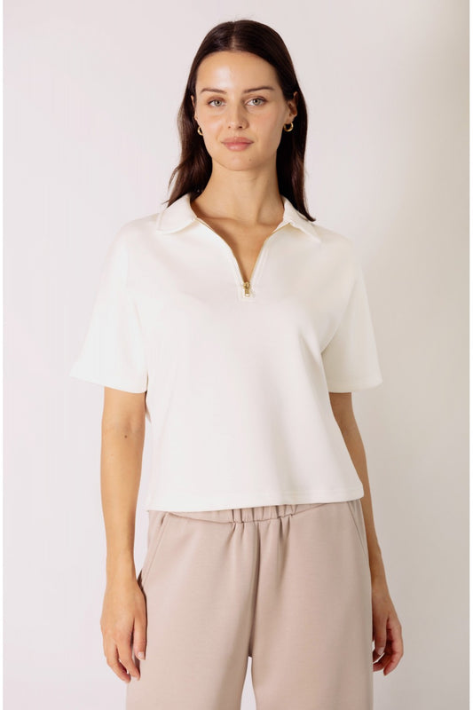 P CILL BUTTER MODAL SHORT SLEEVE HALF ZIP TOP IN IVORY