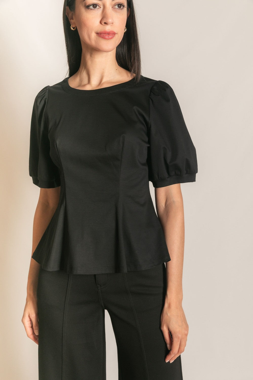 P. CILL COTTON KNIT PEPLUM TOP IN BLACK