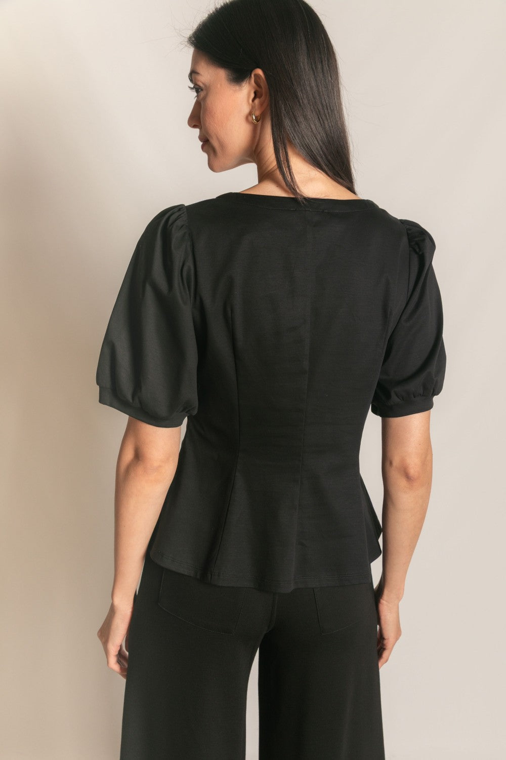 P. CILL COTTON KNIT PEPLUM TOP IN BLACK