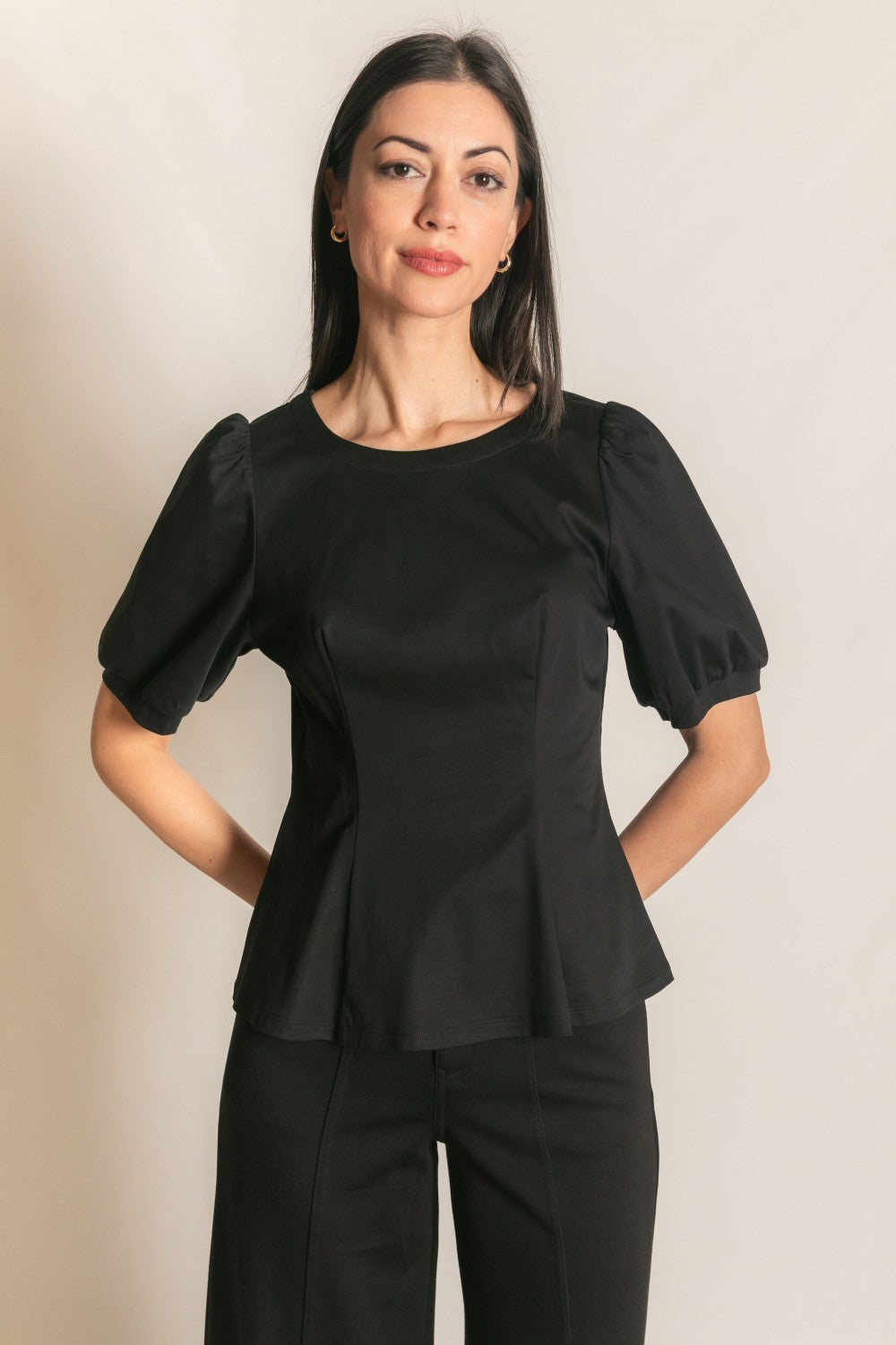 P. CILL COTTON KNIT PEPLUM TOP IN BLACK