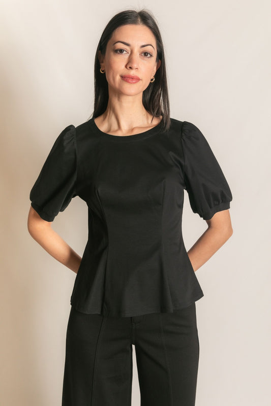 P. CILL COTTON KNIT PEPLUM TOP IN BLACK