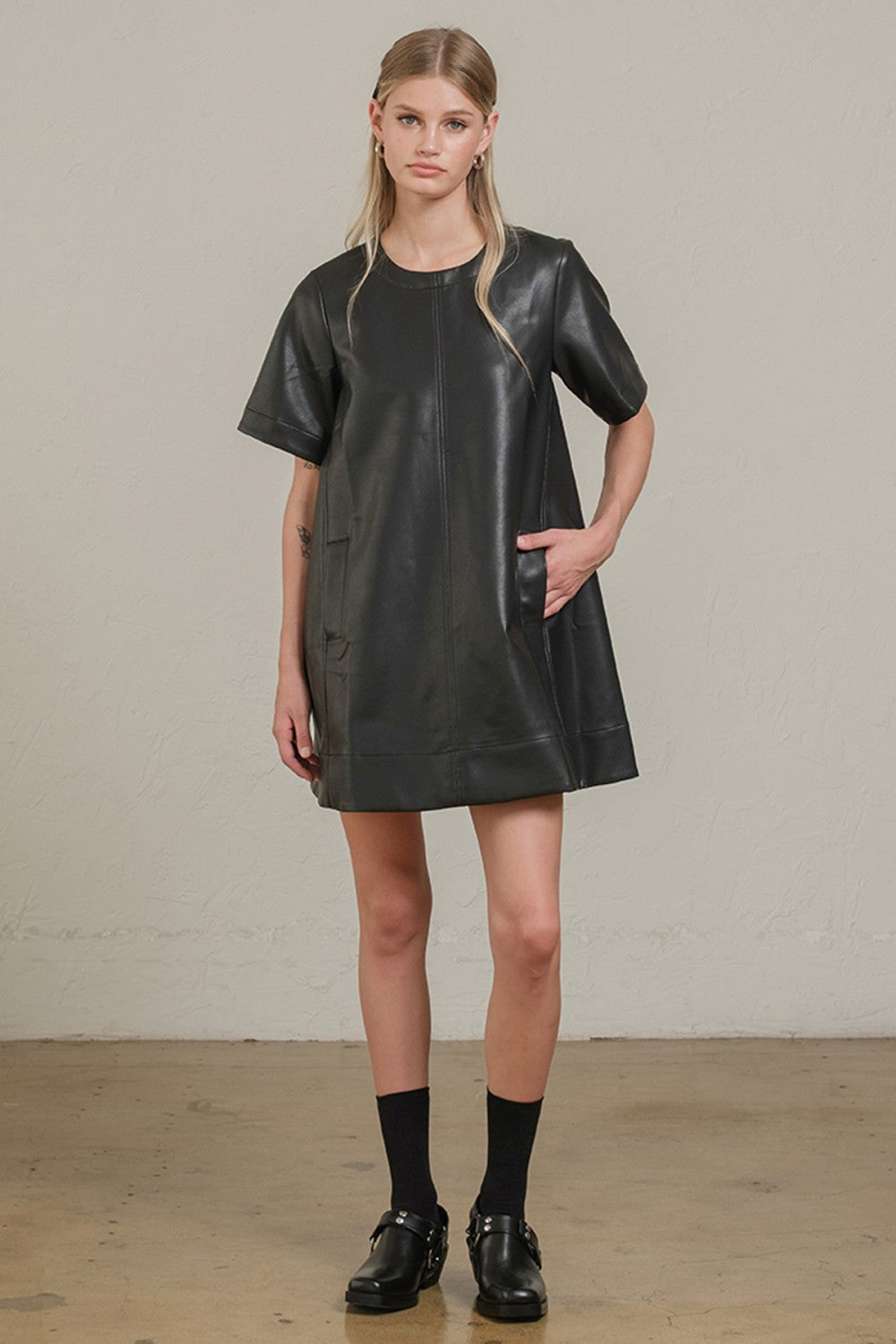 FAUX LEATHER A-LINE DRESS