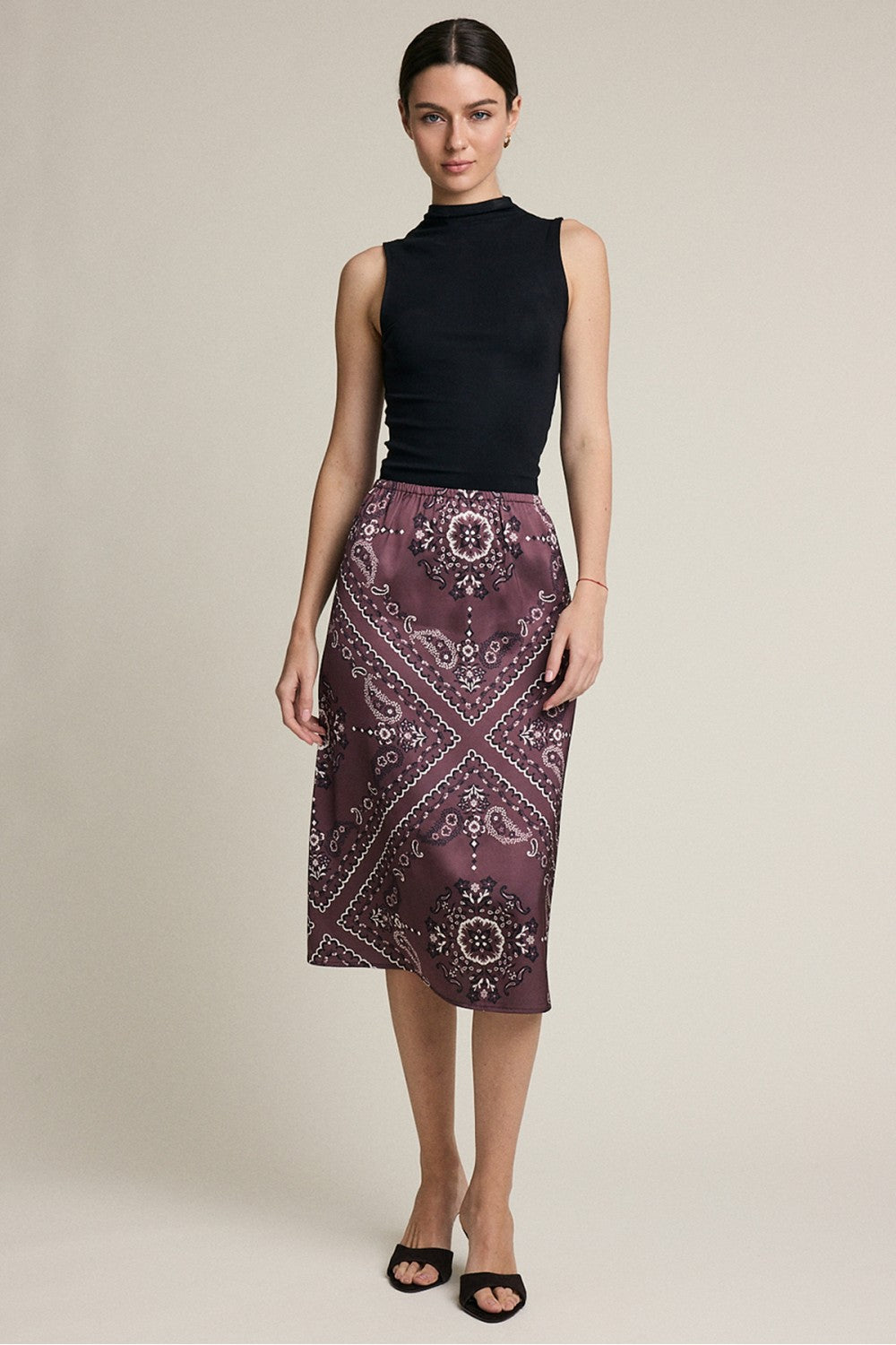 PAISLEY ELASTIC WAIST MIDI SKIERT