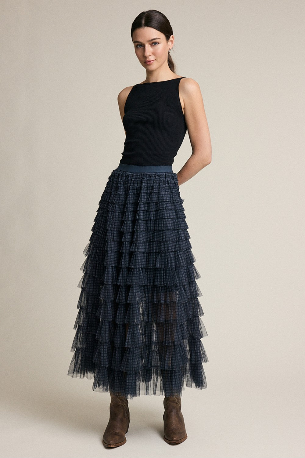 PLAID MESH RUFFLE SKIRT