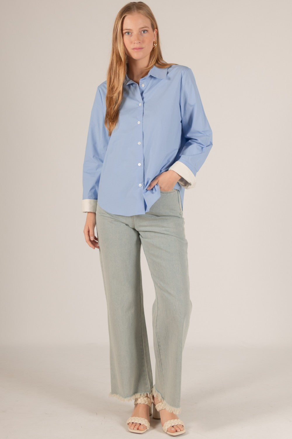 POPLIN COLORBLOCK CUFF BUTTON UP