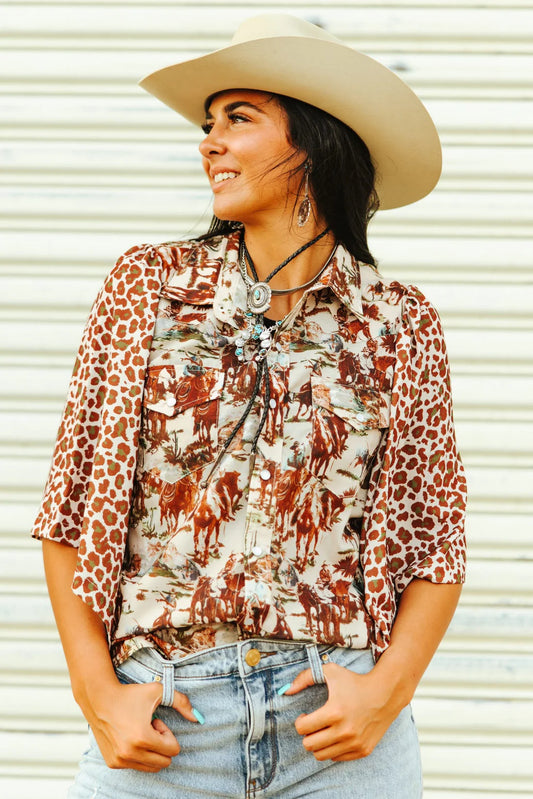 WESTERN PRINT TOP WITH PEARL SNAPS