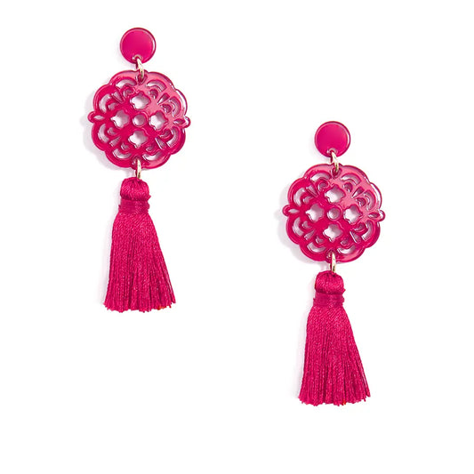 ALLURE RESIN ACRYLIC AND TASSEL DROP EARRING - 2 COLORS