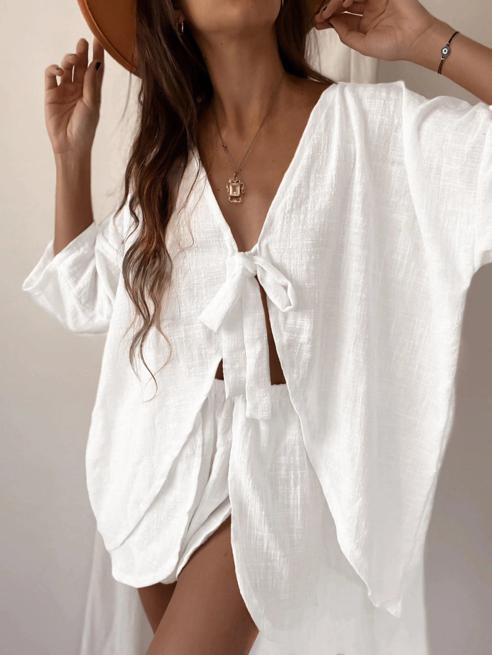 GAUZE KNOTTED SHIRT AND SHORTS - TWO COLORS