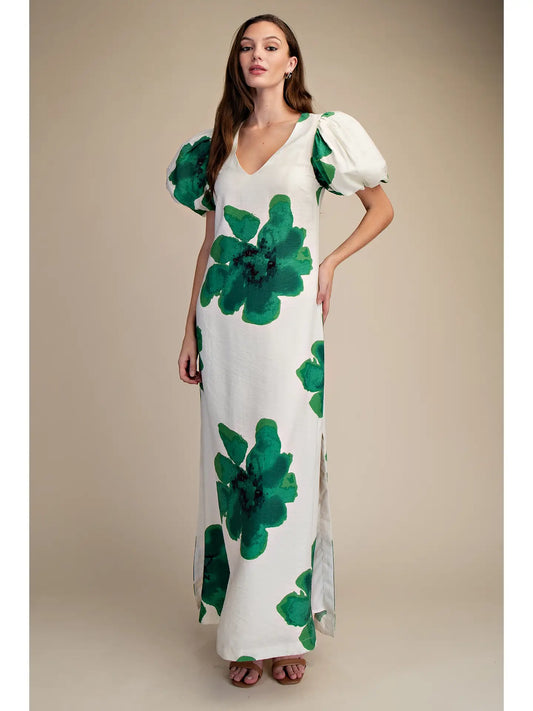 FLORAL PUFF SLEEVE MAXI DRESS - 2 COLORS