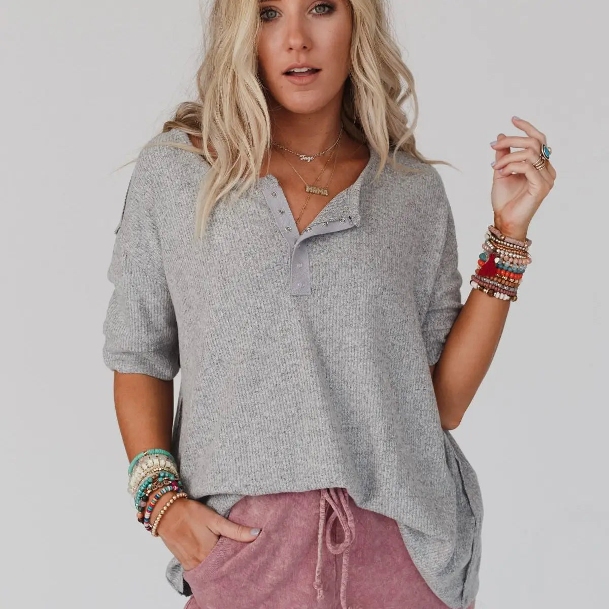 LEILA RIBBED HENLEY IN GRAY BY THREE BIRD NEST