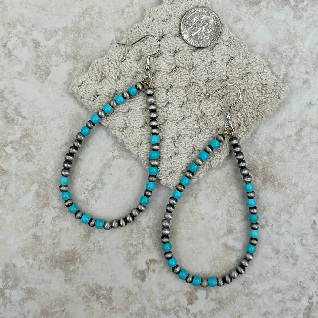SILVER NAVAJO PEARL AND TURQUOISE TEARDROP HOOP EARRINGS