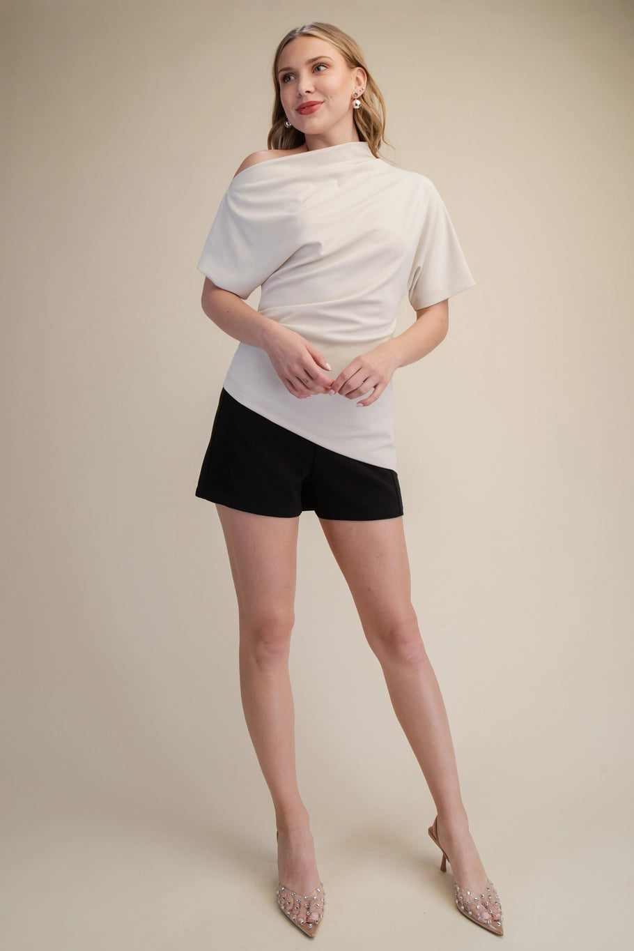 ASYMMETRIC DRAPED NECK BLOUSE