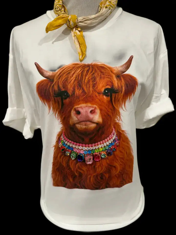 JEWELED COLLAR HIGHLAND CALF TEE