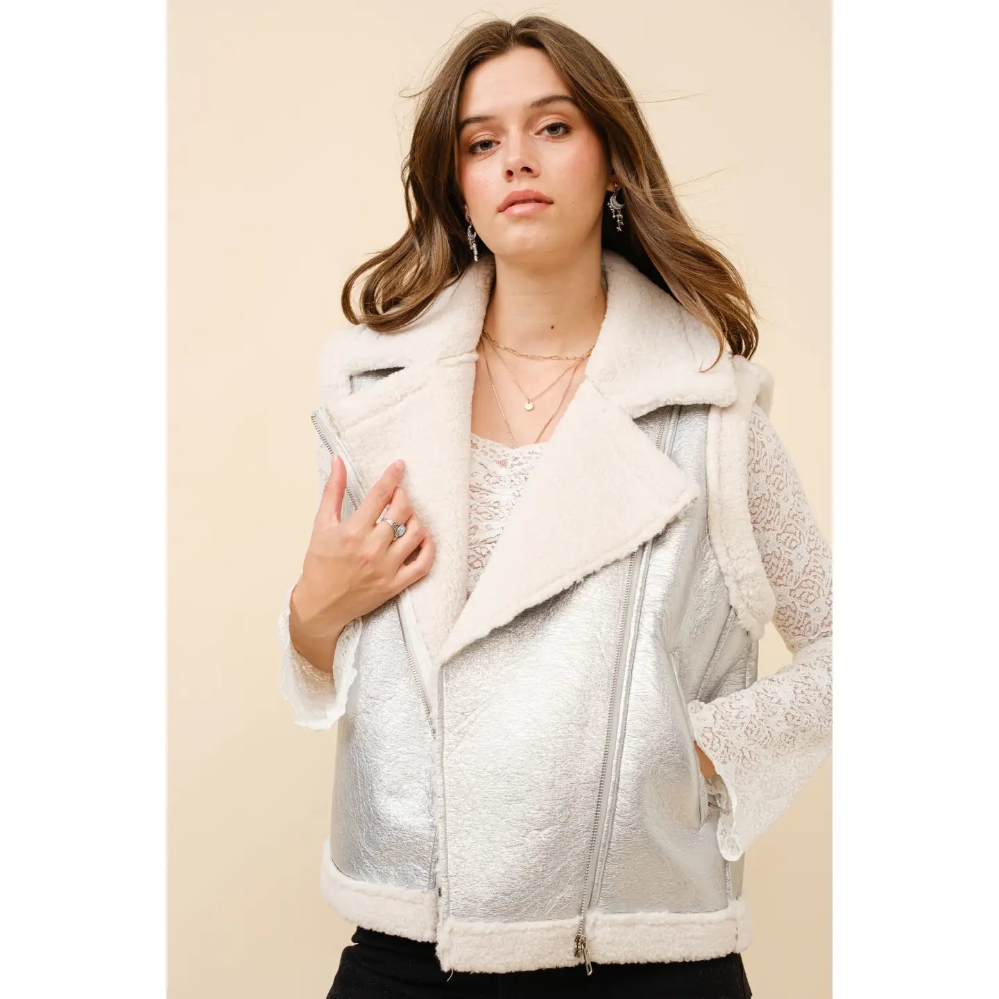 Faux Leather Shearling Moto Vest