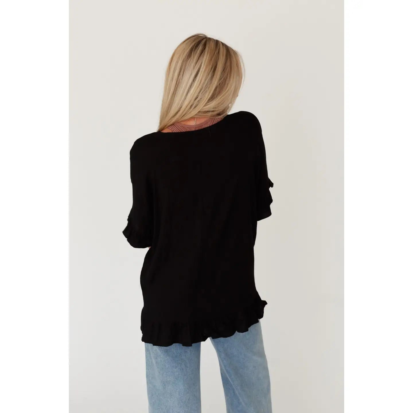 LET ME BE RUFFLED TOP IN BLACK BY THREEBIRD NEST