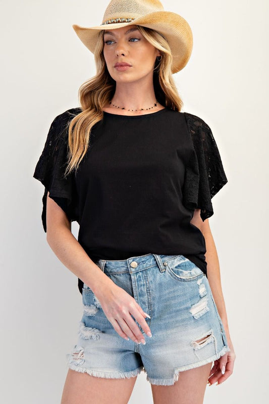 COTTON JERSEY TOP WITH LACE SLEEVES