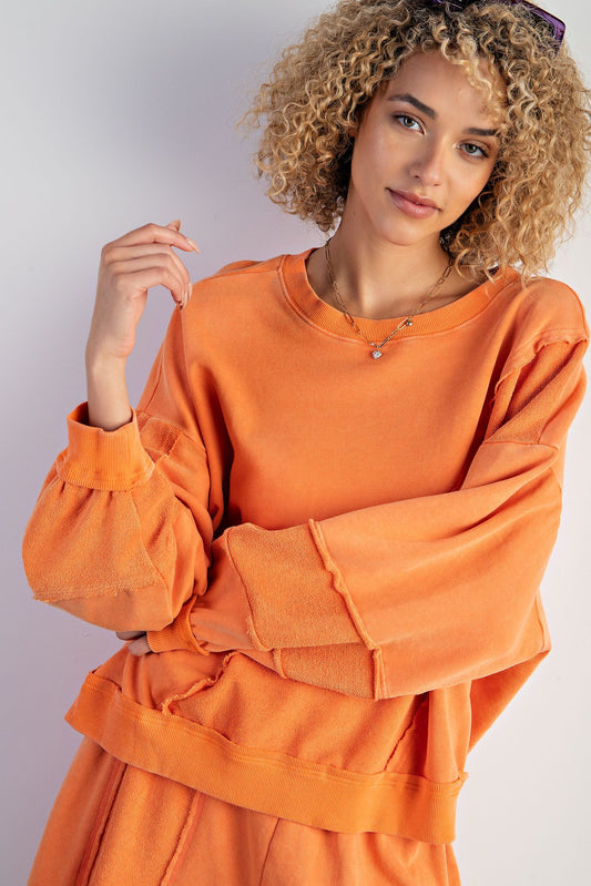 MINERAL WASHED TERRY KNIT PULLOVER IN PUMPKIN