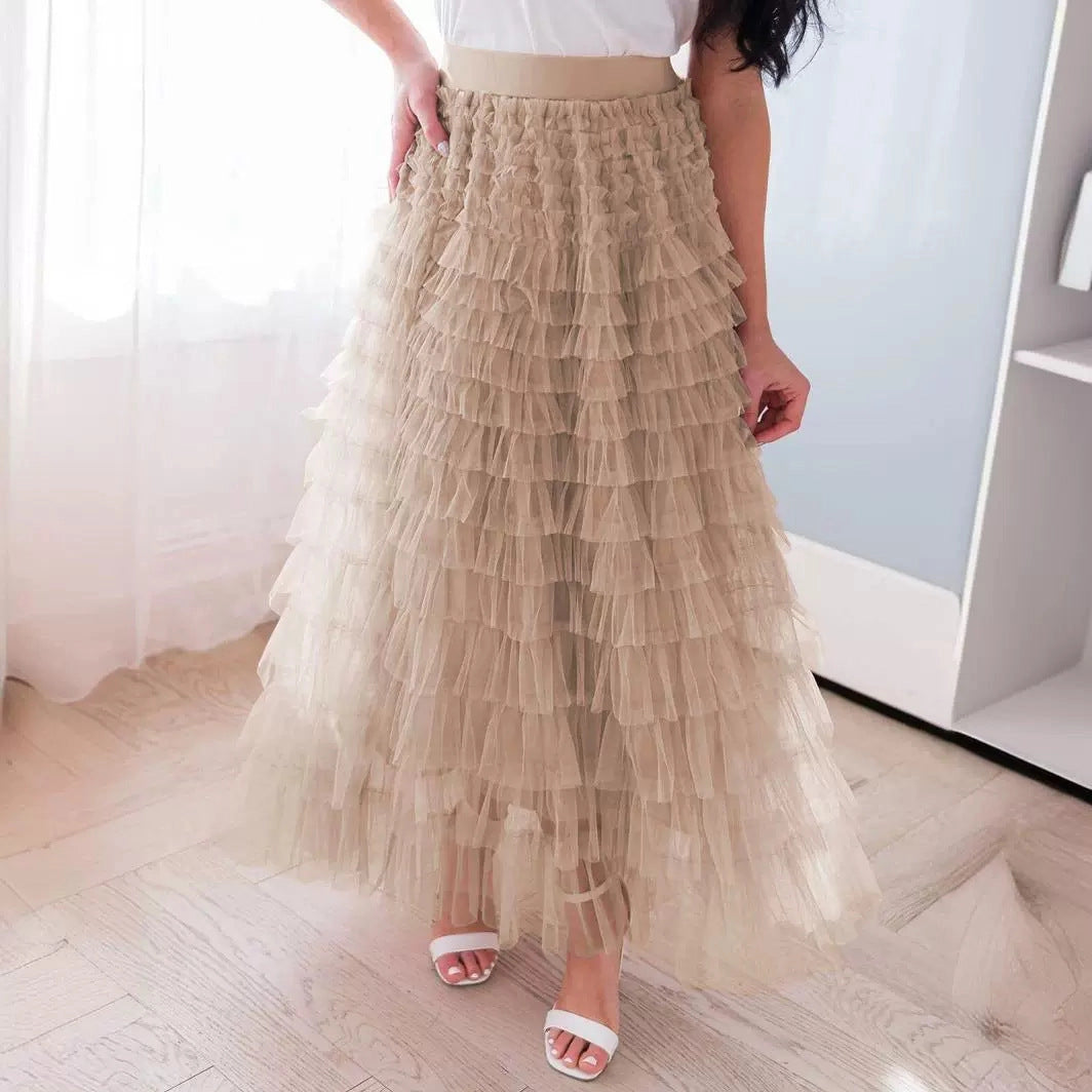 TIERED TULLE SKIRT IN KHAKI