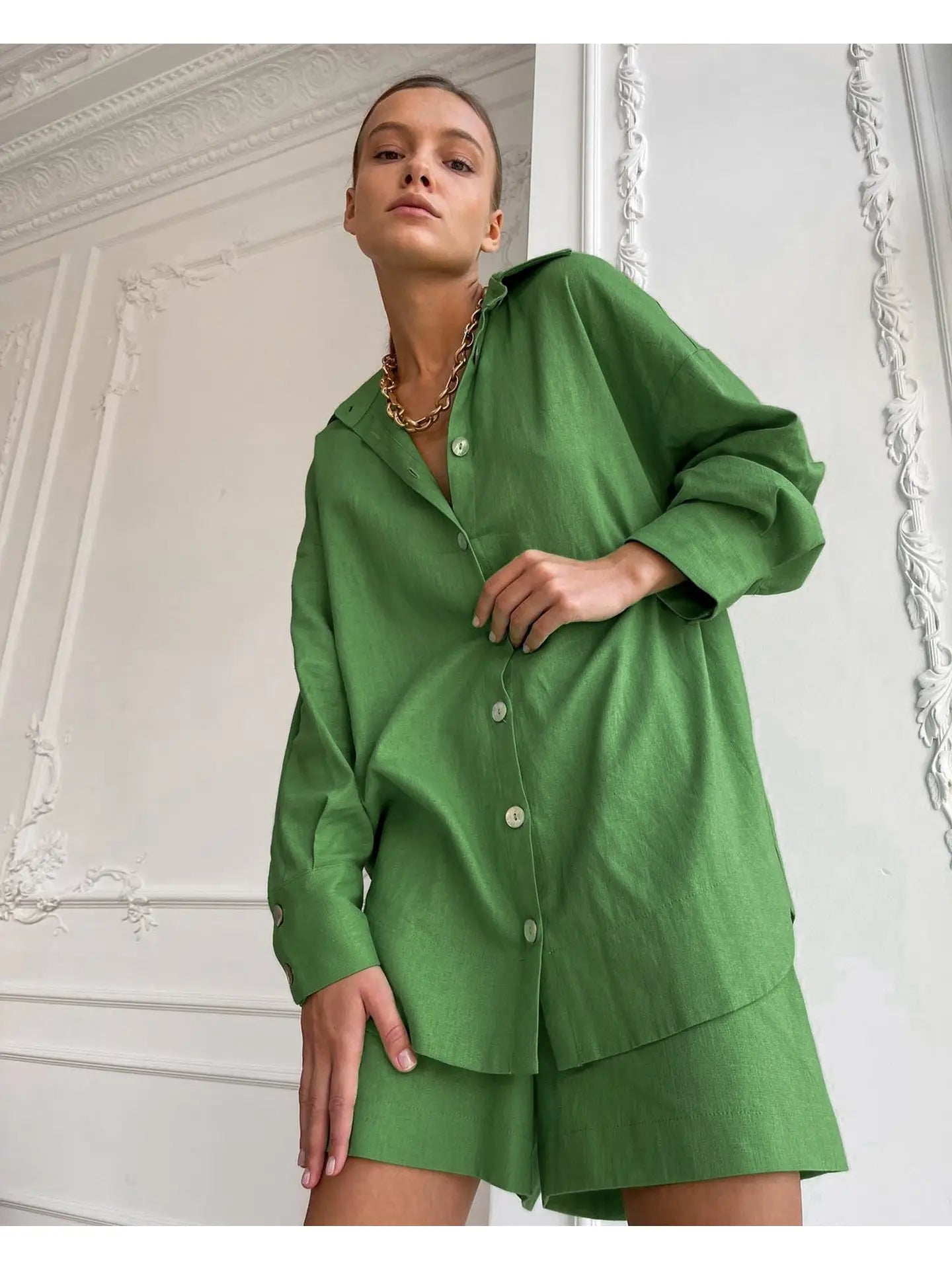 GREEN COTTON SHORT SET