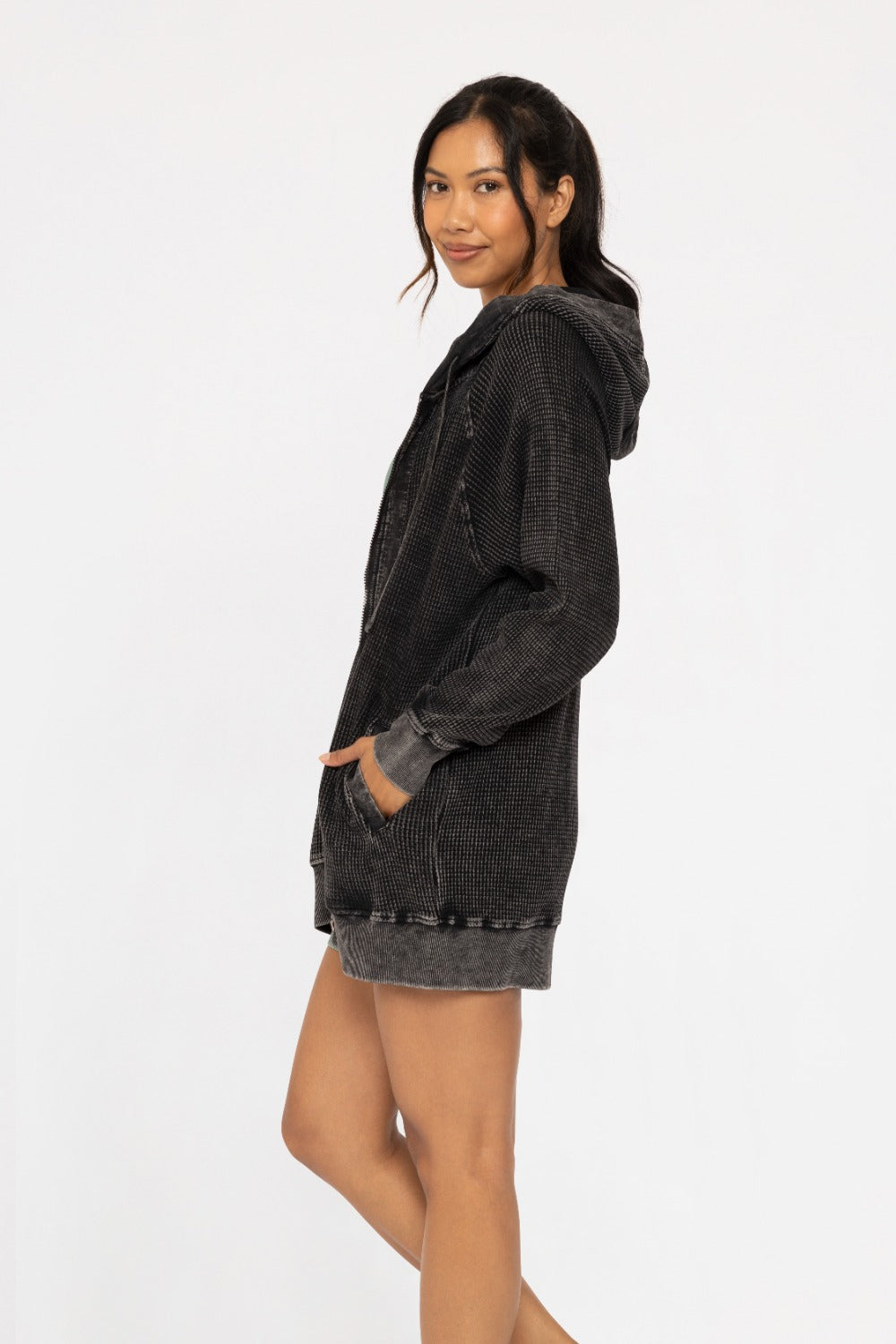 OVERSIZED MINERAL-WASHED ZIP UP HOODED JACKET