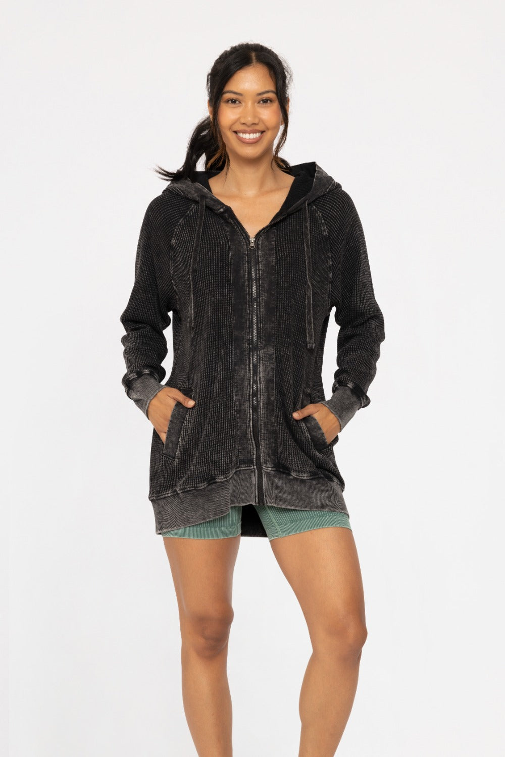 OVERSIZED MINERAL-WASHED ZIP UP HOODED JACKET