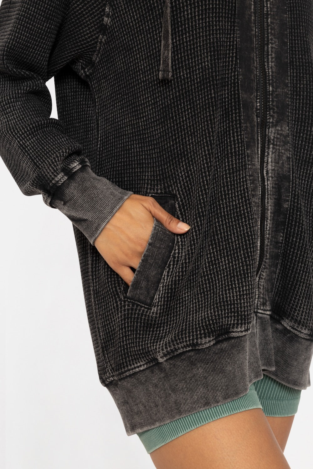 OVERSIZED MINERAL-WASHED ZIP UP HOODED JACKET