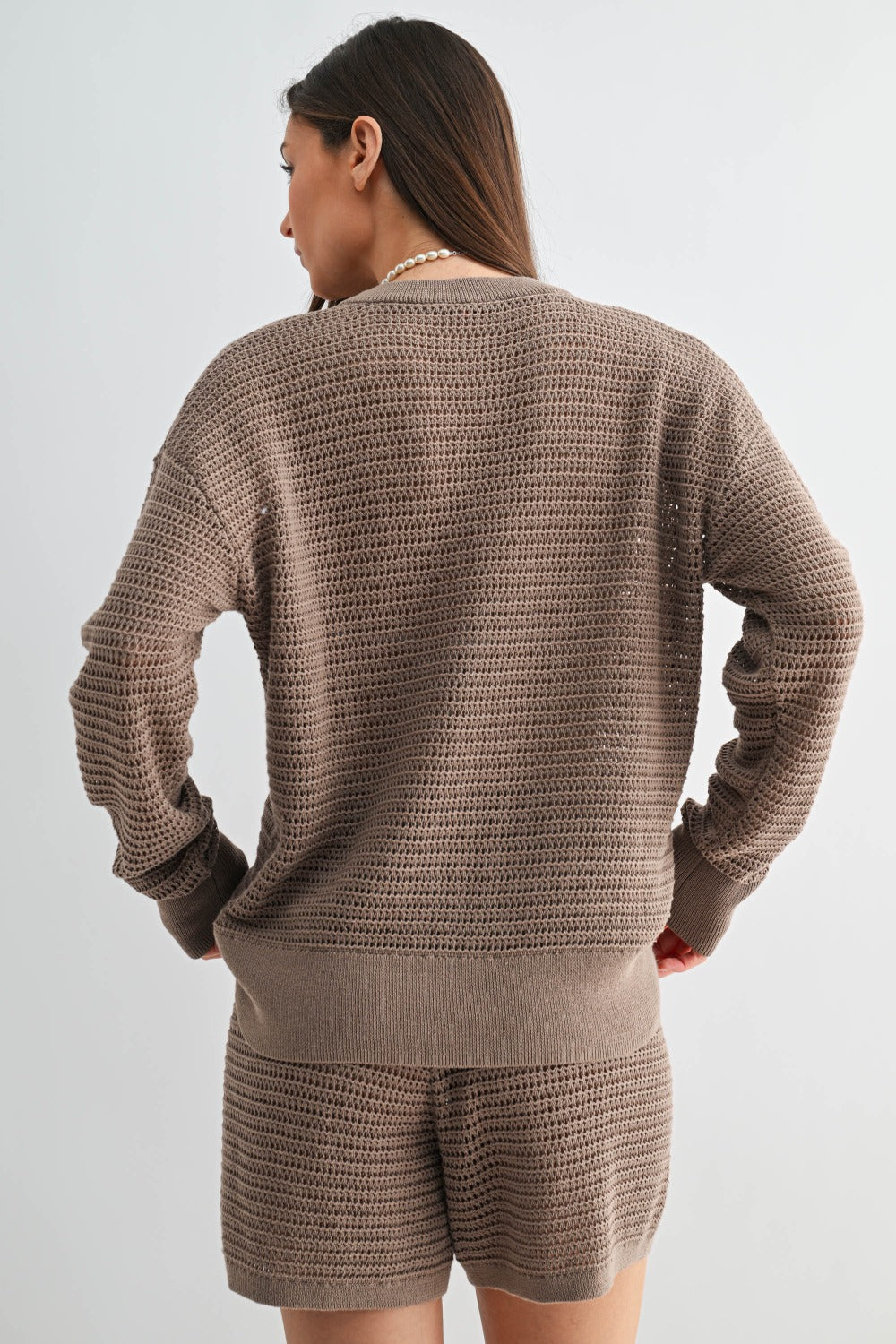 BREEZY CROCHET PULLOVER IN TAUPE