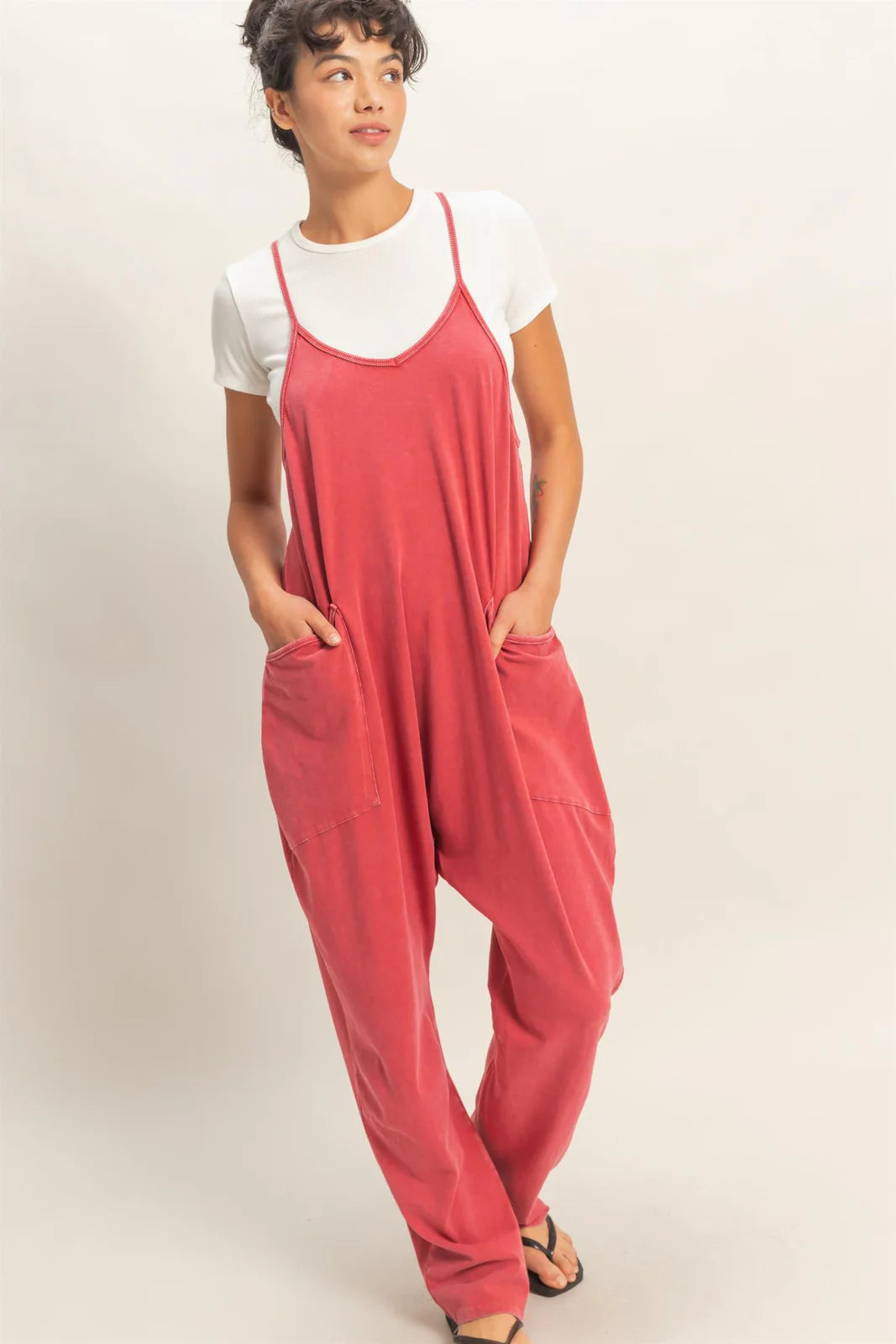 RED MINERAL WASHED JUMPSUIT