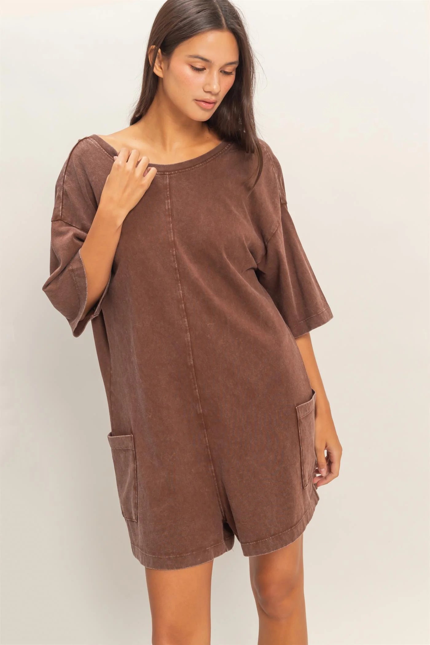 MINERAL WASHED V NECK ROMPER - 2 COLORS