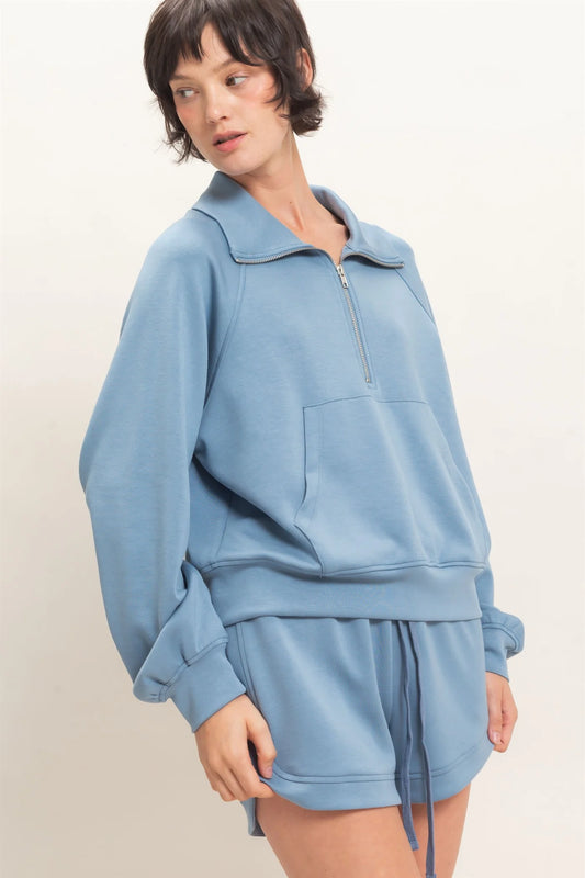 HALF ZIP PULLOVER IN DUSTY BLUE