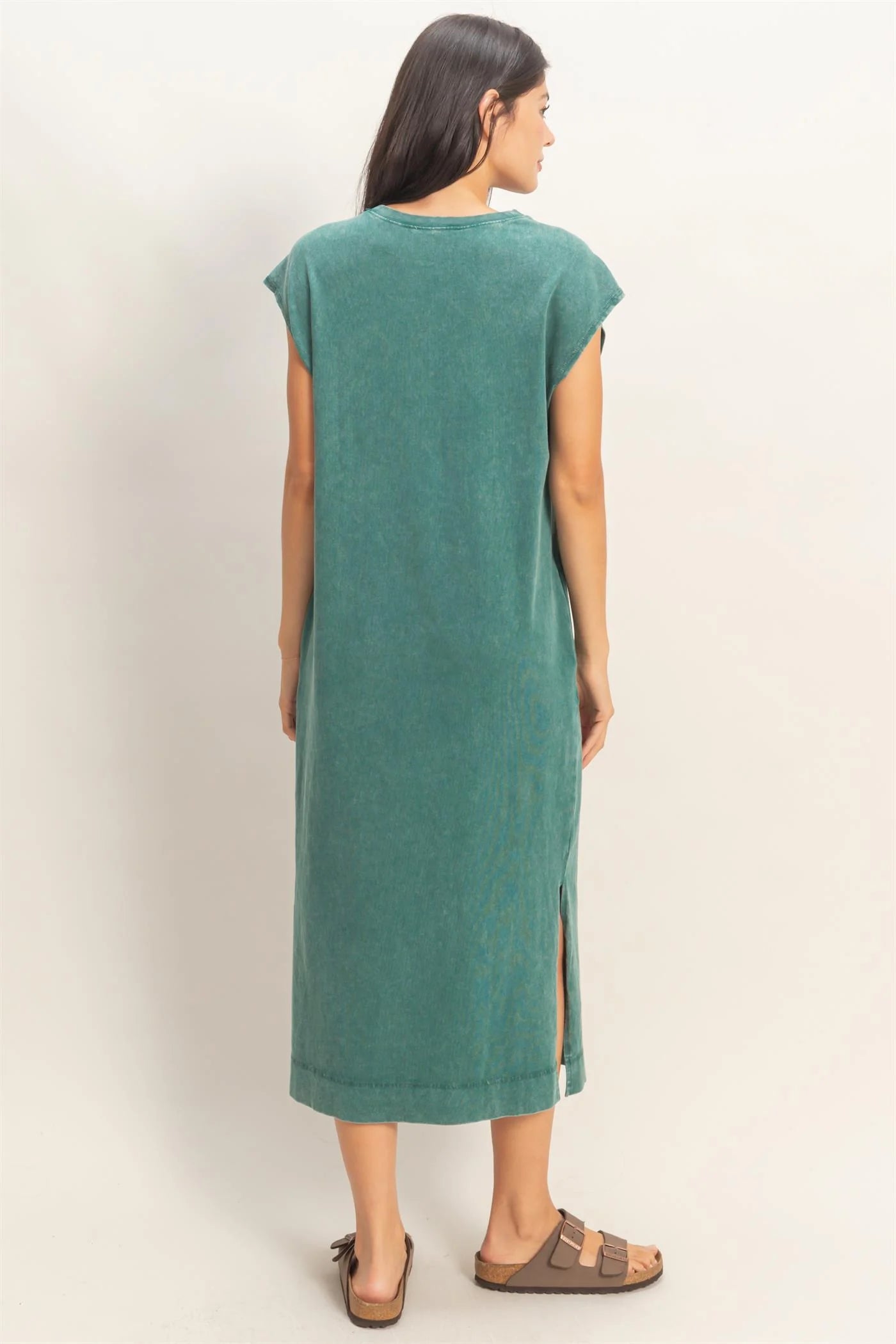 TEAL MINERAL WASHED CAP SLEEVE MIDI DRESS