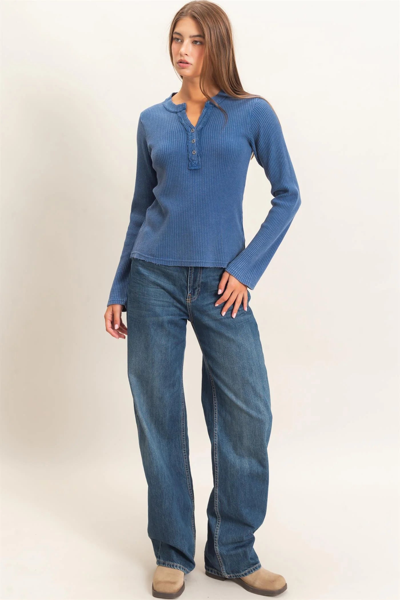 NAVY HENLEY LONG SLEEVE TOP